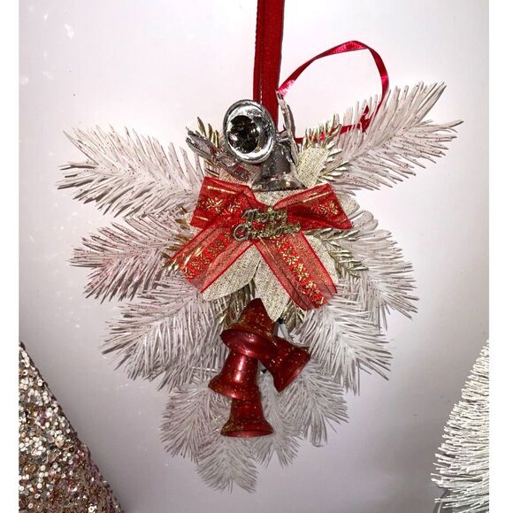 none Other - Vintage faux pine Christmas holiday wall hanging red bells bow 50's kitch MCM